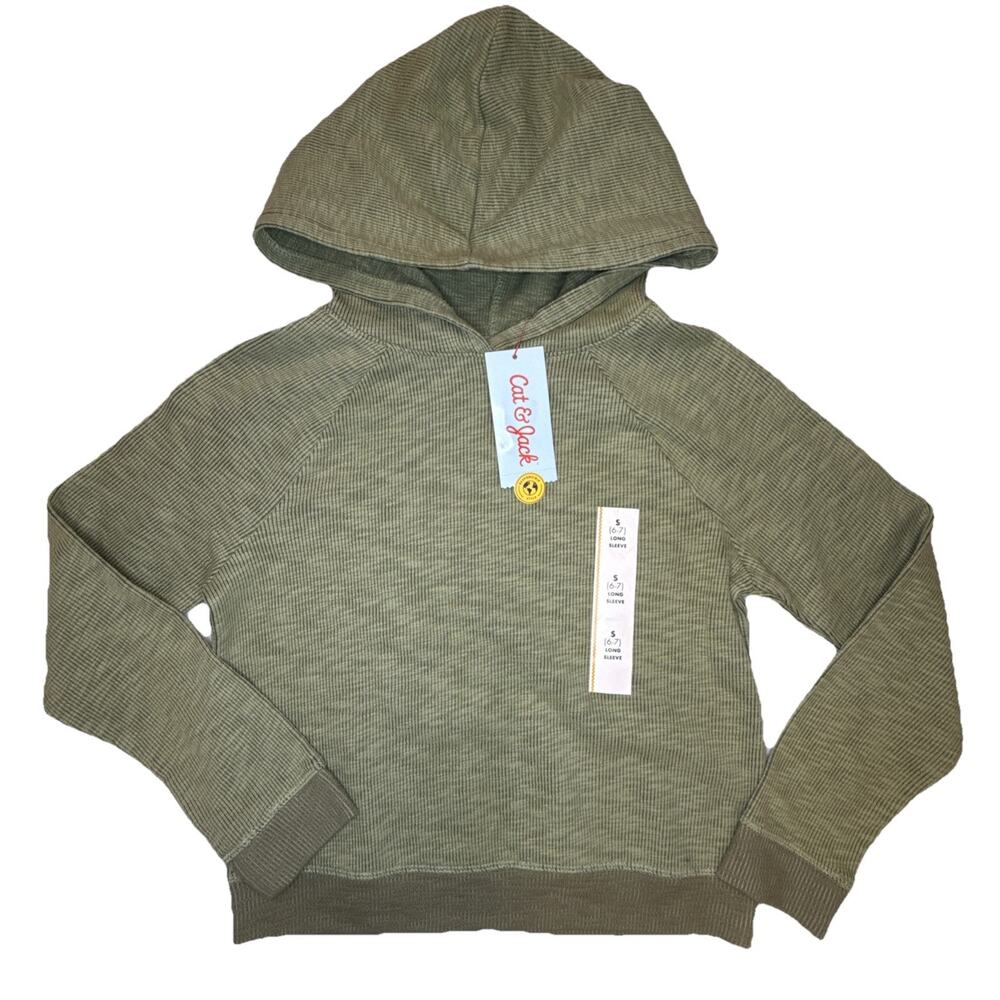 Cat & Jack Girls Size S (6-7) Olive Green Ribbed Hooded Sweatshirt Pullover